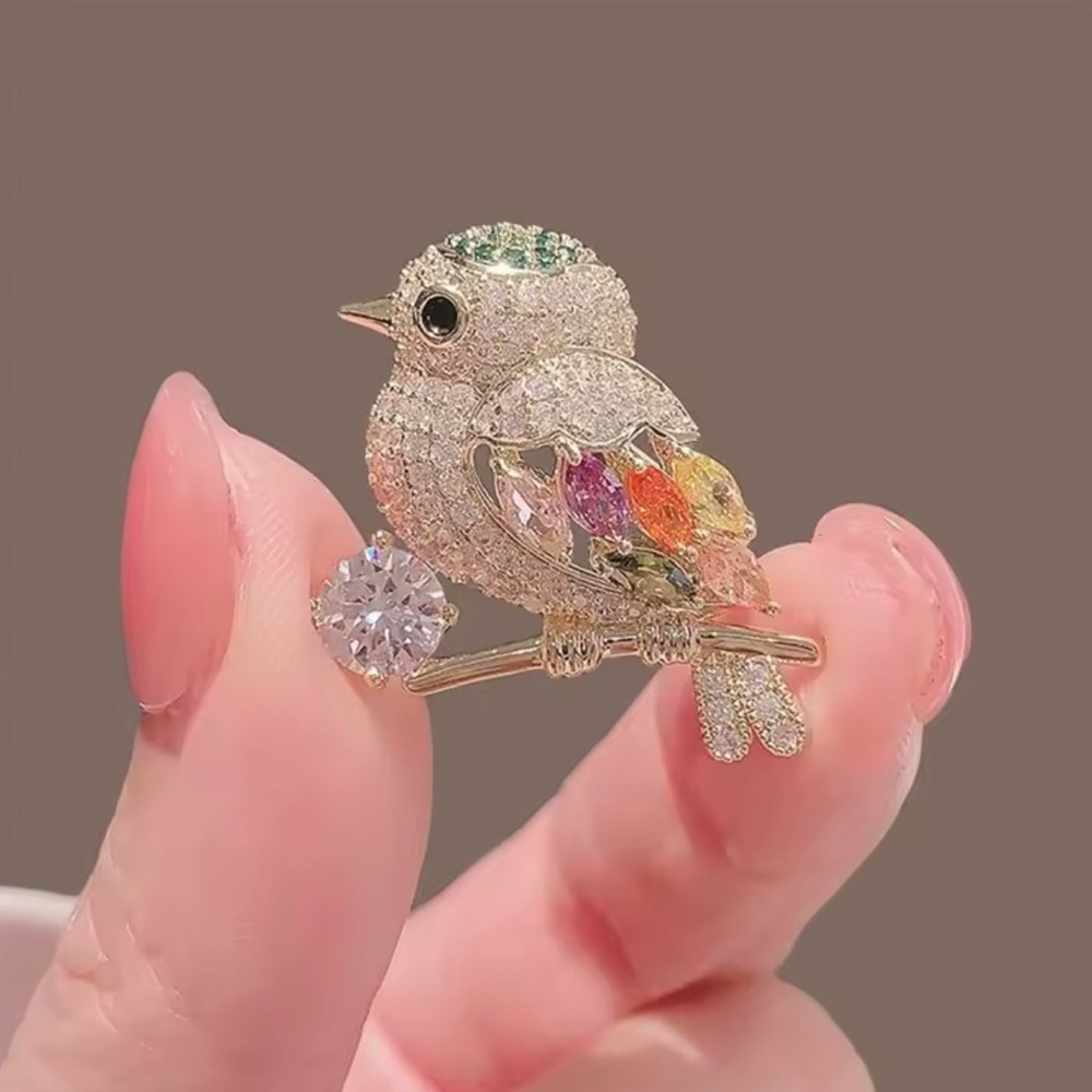Gold-tone Multicolor Crystal Bird Brooch - Pink, Green, Yellow Accent